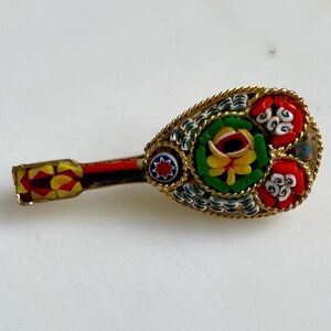Italian Vintage micro Mosaic guitar banjo shaped brooch Red, Green, Yellow, Gold